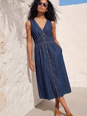 Roman Blue Cotton Button Detail Midi Dress - Image 1 of 4