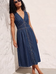 Roman Blue Cotton Button Detail Midi Dress - Image 3 of 4