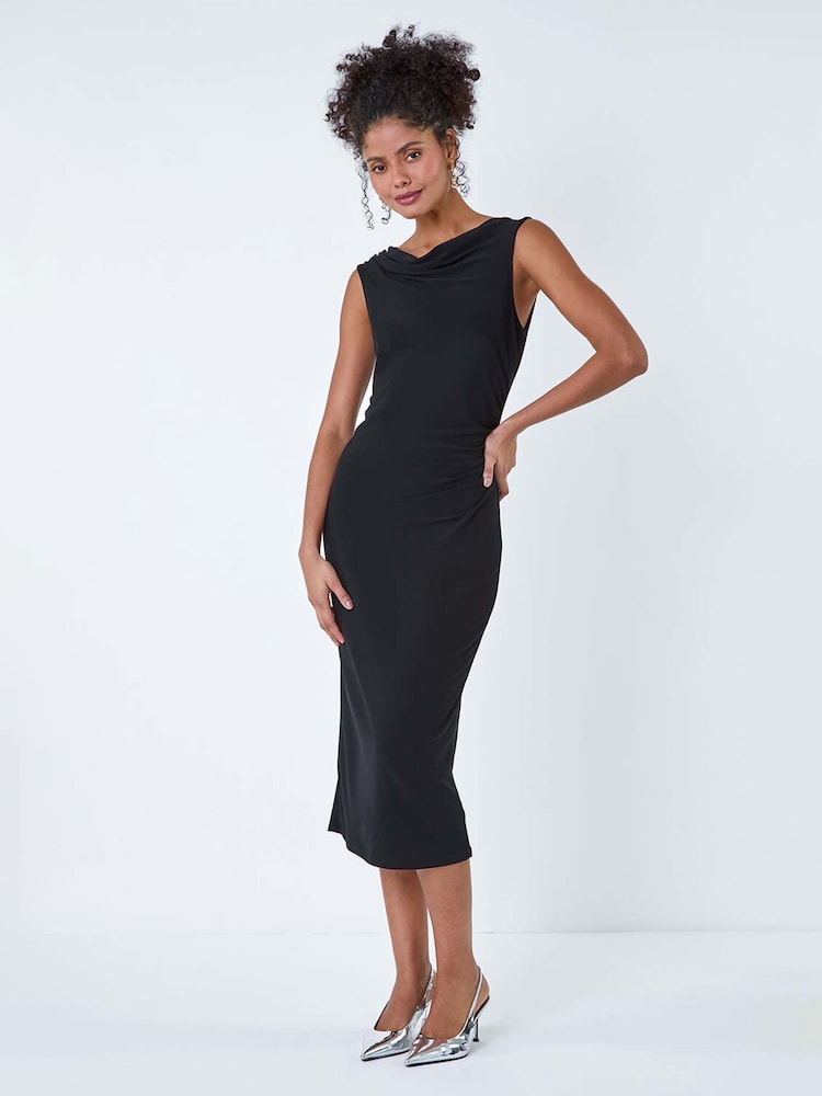 Dusk Black Ruched Cowl Neck Stretch Midi Dress - Image 2 of 5