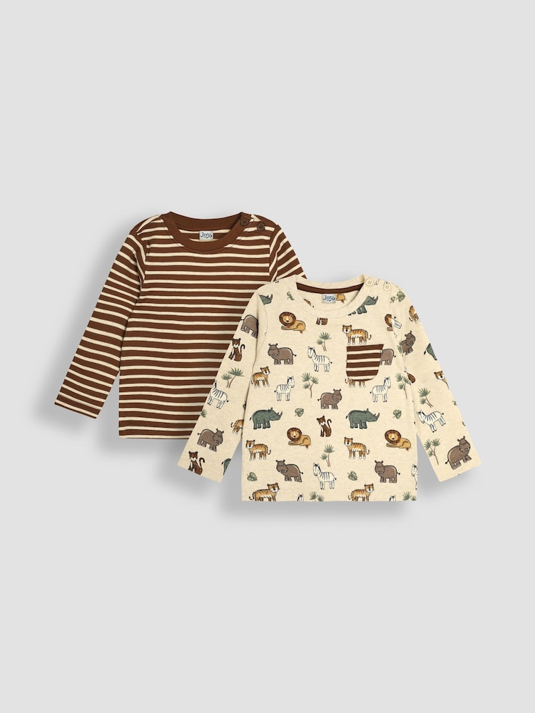 JoJo Maman Bébé Natural Safari Animals Print & Stripe Long Sleeve 2-Pack Tops - Image 1 of 5