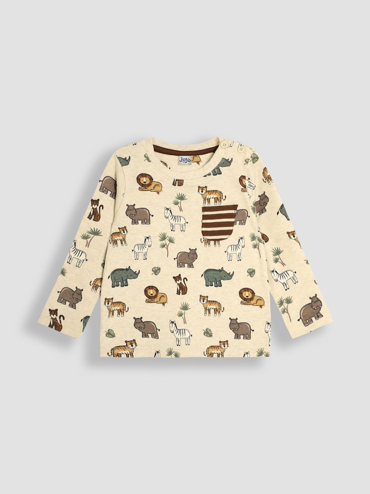 JoJo Maman Bébé Natural Safari Animals Print & Stripe Long Sleeve 2-Pack Tops - Image 2 of 5