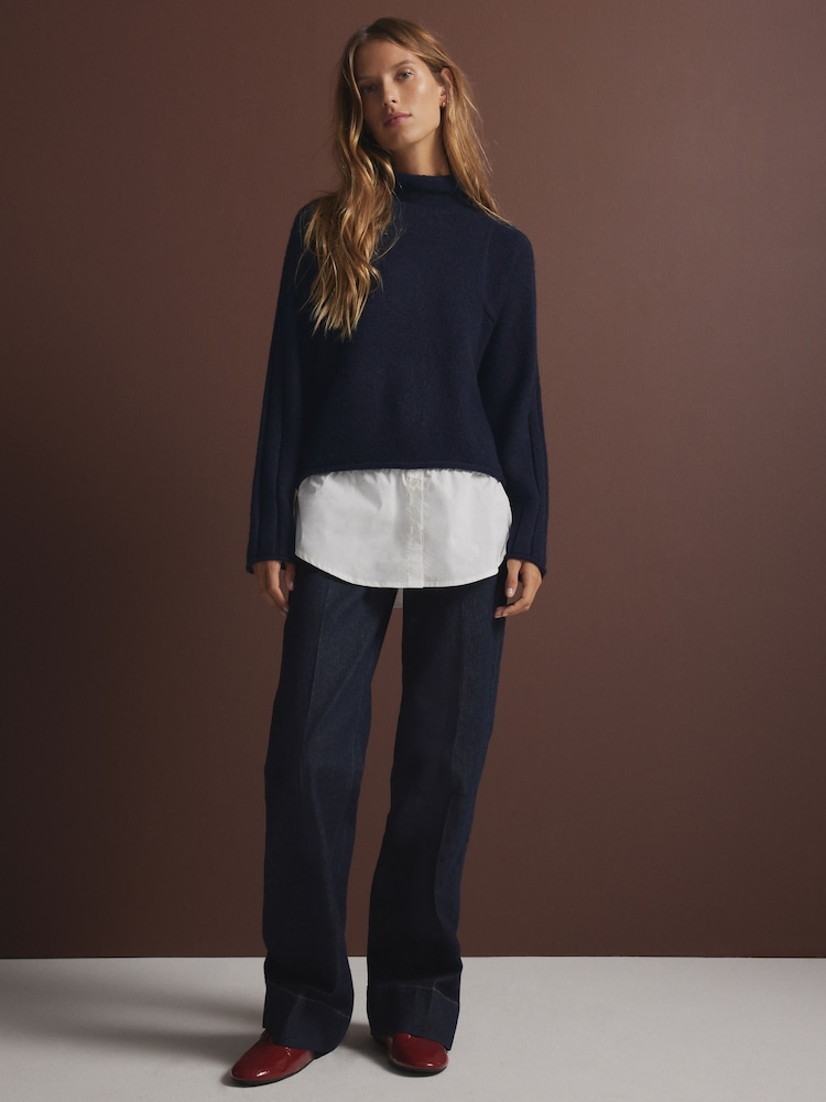 Blue Navy Roll Edge Shirt Layer Knitted 100% Cotton Jumper - Image 2 of 8