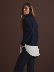Blue Navy Roll Edge Shirt Layer Knitted 100% Cotton Jumper - Image 3 of 8