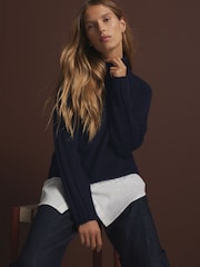 Blue Navy Roll Edge Shirt Layer Knitted 100% Cotton Jumper - Image 4 of 8