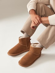 Tan Brown Signature Suede Slipper Boots with Faux Fur Lining - Image 1 of 6