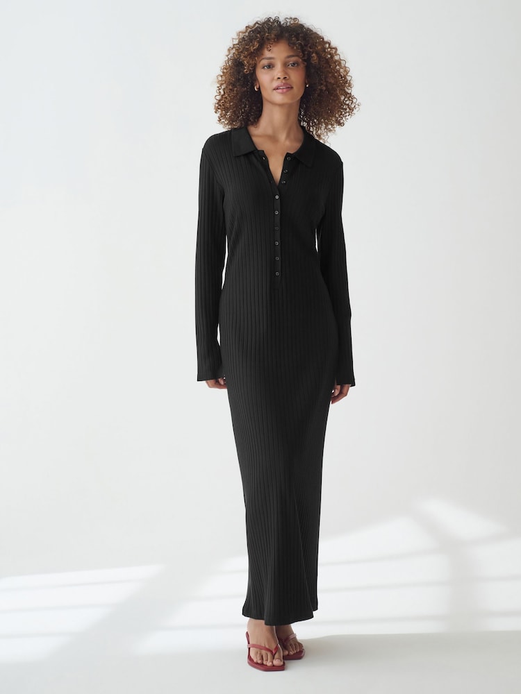 Black Long Sleeve Collar Detail Maxi Dress - Image 1 of 5