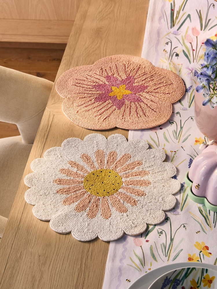 Set of 2 White Floral Beaded Placemats - Image 1 of 3