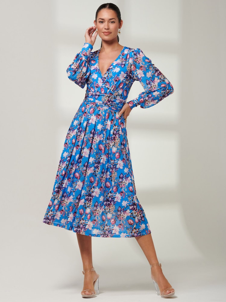 Jolie Moi Blue Rayla Wrap Front Mesh Midi Dress - Image 1 of 6