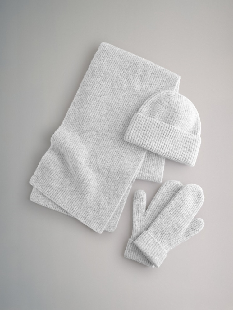 The Set Grey 3 Piece Hat Scarf Mittens Gift Set with Wool - Image 1 of 5