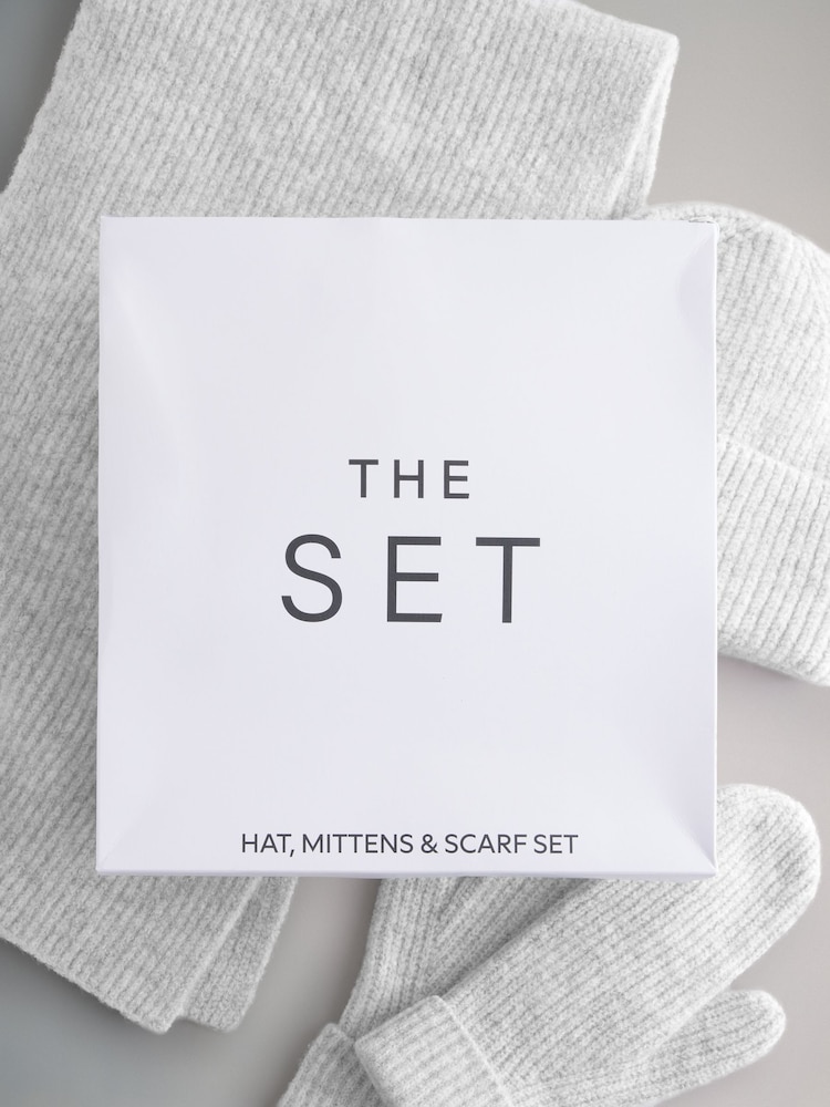 The Set Grey 3 Piece Hat Scarf Mittens Gift Set with Wool - Image 5 of 5