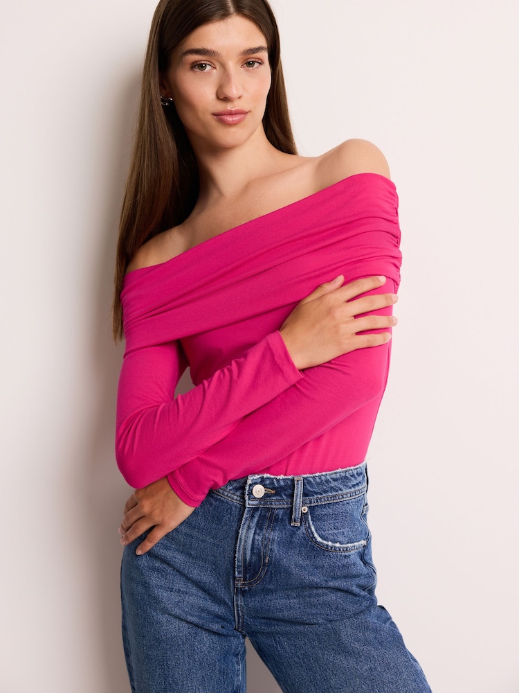 Hot Pink Bardot Off The Shoulder Long Sleeved Top - Image 1 of 5