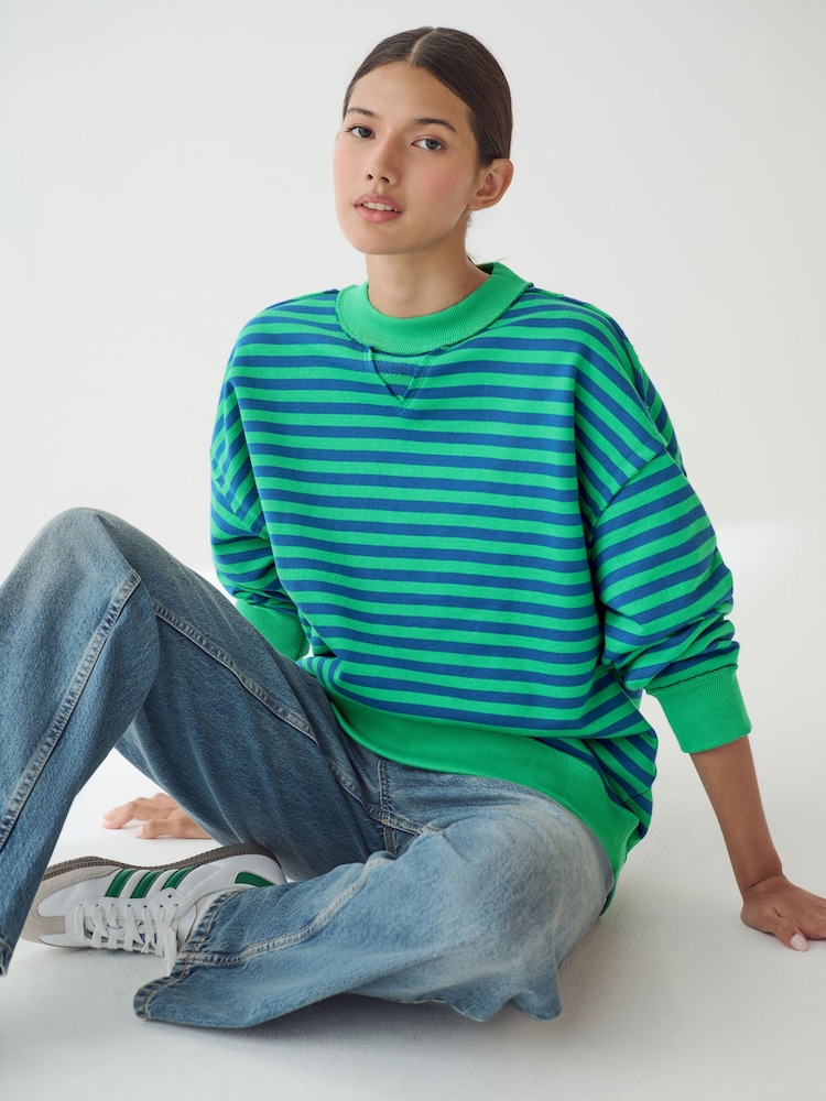 Blau/Grün - Gestreiftes Jersey-Sweatshirt mit rohem Saum und Nahtdetails, Rundhalsausschnitt, 100% Baumwolle - Bild 1 von 7