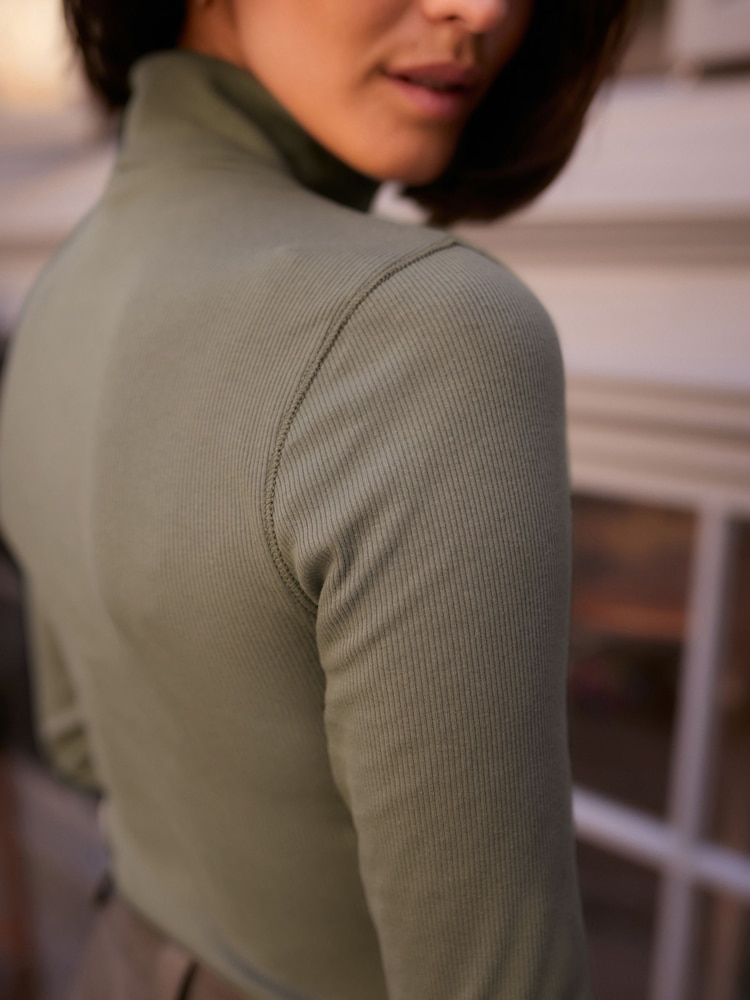 Olive Green Long Sleeve Ribbed Roll Neck Bodysuit - Image 4 of 7