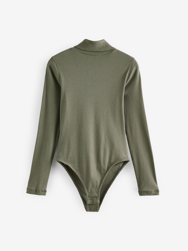 Olive Green Long Sleeve Ribbed Roll Neck Bodysuit - Image 5 of 7