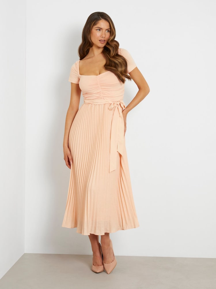 Guess Pleated Occasion Midi Dress With Linen - Image 1 of 4