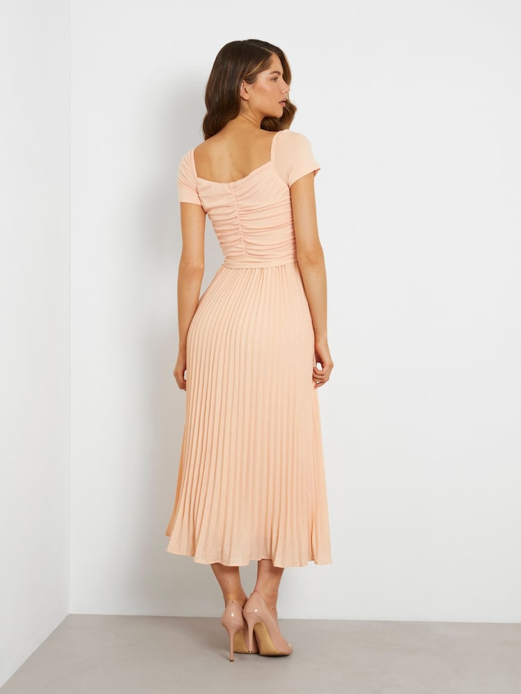 Guess Pleated Occasion Midi Dress With Linen - Image 2 of 4 Guess Pleated Occasion Midi Dress With Linen - Image 2 of 4
