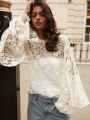 Ivory Round Neck Lace Long Sleeve Blouse - Image 1 of 8