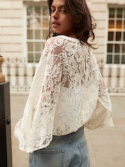Ivory Round Neck Lace Long Sleeve Blouse - Image 4 of 8