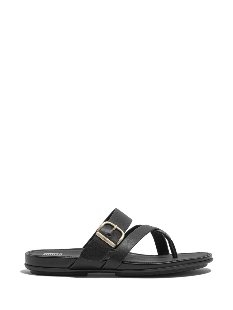 FitFlop Gracie Buckle Leather Cross Strap Toe Post Black Sandals - Image 1 of 5 FitFlop Gracie Buckle Leather Cross Strap Toe Post Black Sandals - Image 1 of 5
