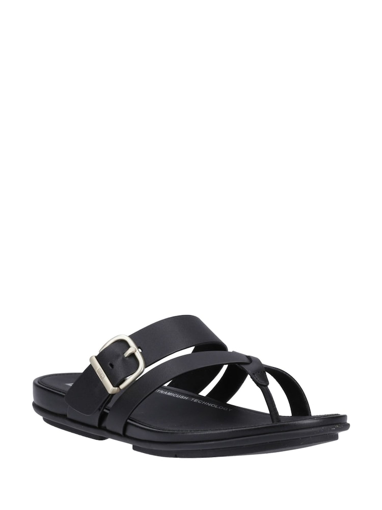FitFlop Gracie Buckle Leather Cross Strap Toe Post Black Sandals - Image 2 of 5