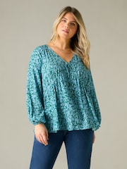 Live Unlimited Blue Curve Ditsy Print Tie Neck Blouse - Image 1 of 4
