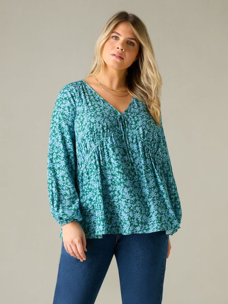 Live Unlimited Blue Curve Ditsy Print Tie Neck Blouse - Image 1 of 4