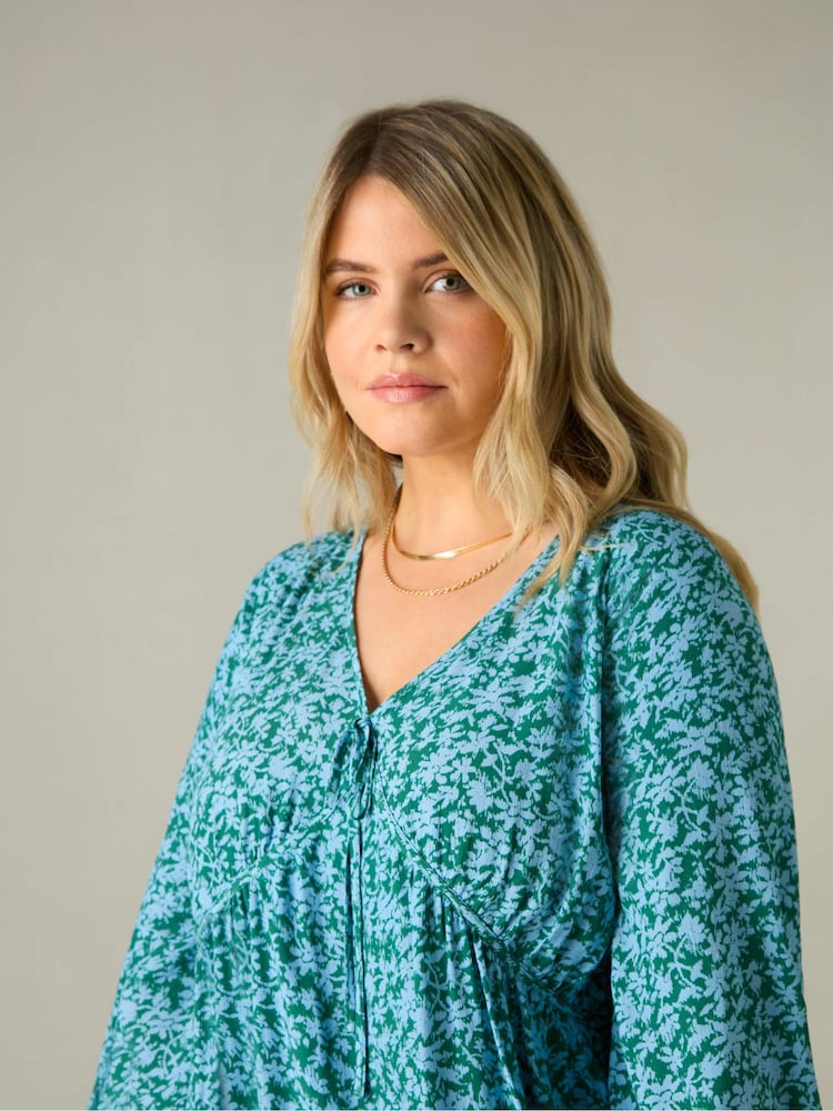 Live Unlimited Blue Curve Ditsy Print Tie Neck Blouse - Image 2 of 4