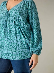 Live Unlimited Blue Curve Ditsy Print Tie Neck Blouse - Image 3 of 4