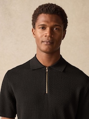 Black Regular Fit 100% Cotton Textured Short Sleeve Knit Zip Polo Shirt - Image 1 of 9