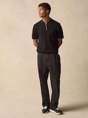 Black Regular Fit 100% Cotton Textured Short Sleeve Knit Zip Polo Shirt - Image 2 of 9