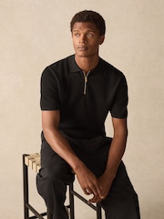 Black Regular Fit 100% Cotton Textured Short Sleeve Knit Zip Polo Shirt - Image 3 of 9