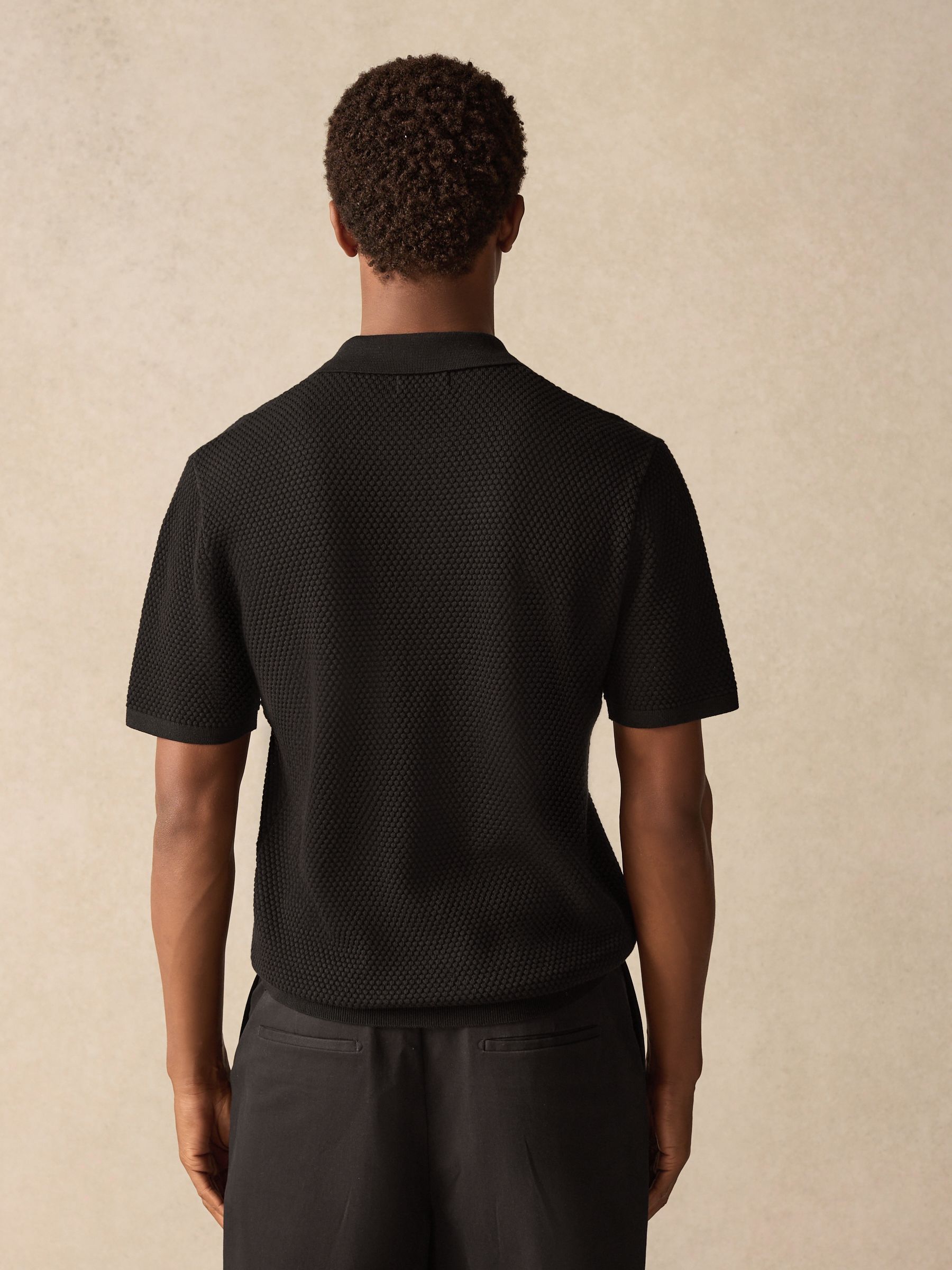 Buy Black Regular Fit 100% Cotton Textured Short Sleeve Knit Zip