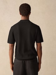 Black Regular Fit 100% Cotton Textured Short Sleeve Knit Zip Polo Shirt - Image 4 of 9