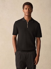 Black Regular Fit 100% Cotton Textured Short Sleeve Knit Zip Polo Shirt - Image 5 of 9