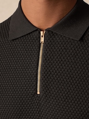Black Regular Fit 100% Cotton Textured Short Sleeve Knit Zip Polo Shirt - Image 6 of 9