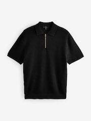 Black Regular Fit 100% Cotton Textured Short Sleeve Knit Zip Polo Shirt - Image 7 of 9
