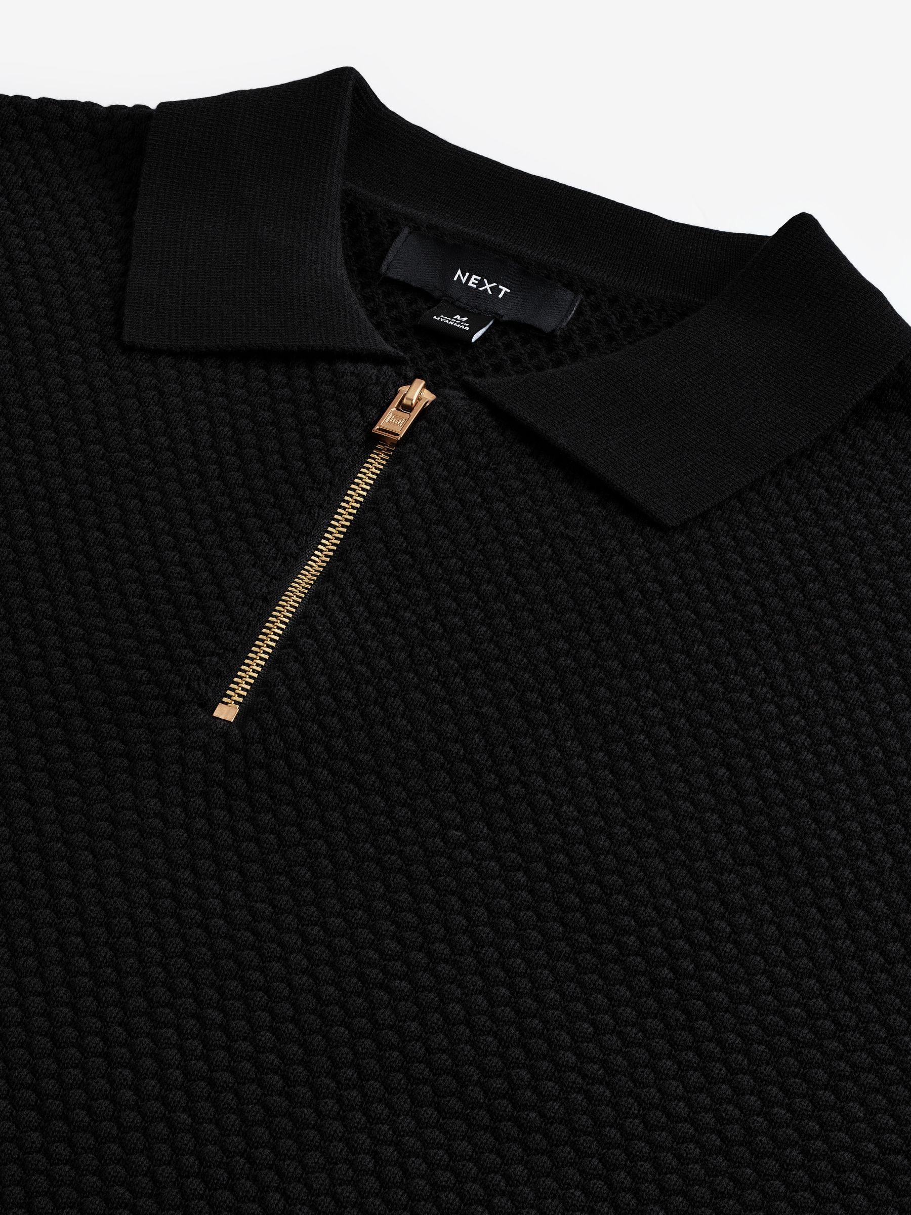Buy Black Regular Fit 100% Cotton Textured Short Sleeve Knit Zip