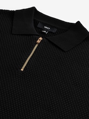 Black Regular Fit 100% Cotton Textured Short Sleeve Knit Zip Polo Shirt - Image 8 of 9