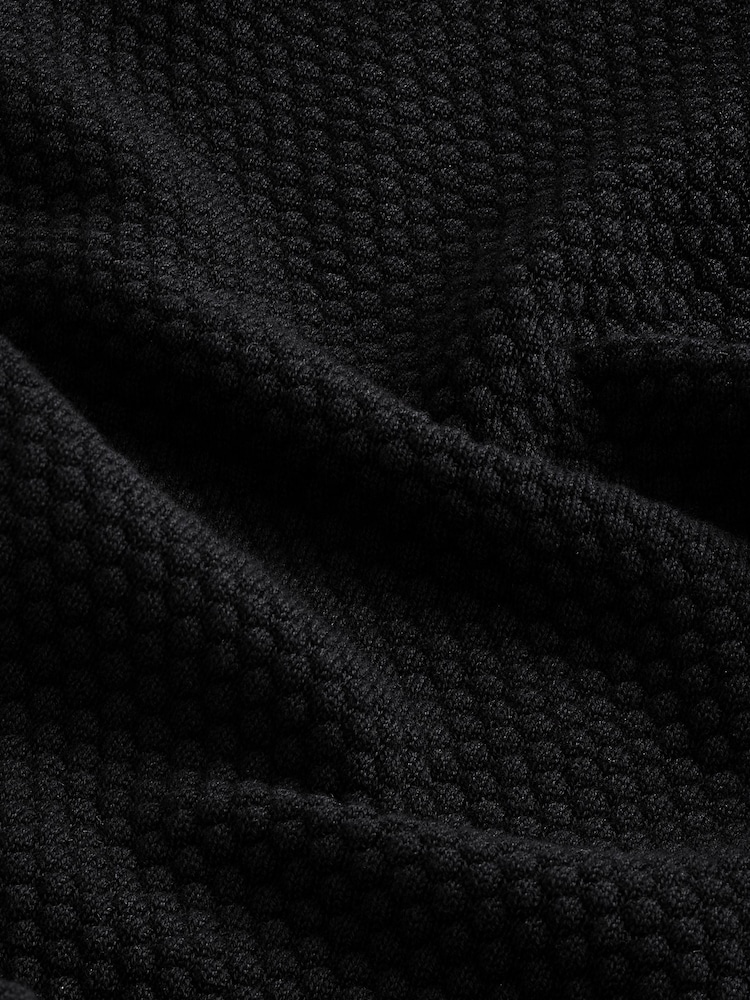 Black Regular Fit 100% Cotton Textured Short Sleeve Knit Zip Polo Shirt - Image 9 of 9
