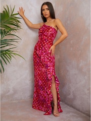 Chi Chi London Red One Shoulder Ruffle Detail Foil Spot Maxi Dress - Image 1 of 4