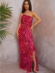 Chi Chi London Red One Shoulder Ruffle Detail Foil Spot Maxi Dress - Image 2 of 4