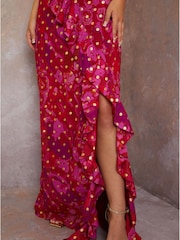 Chi Chi London Red One Shoulder Ruffle Detail Foil Spot Maxi Dress - Image 3 of 4