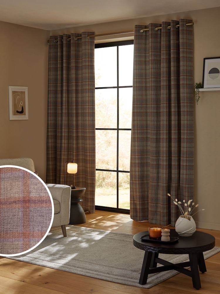 Grey/Purple Brushed Check Super Thermal Eyelet Curtains - Image 2 of 5