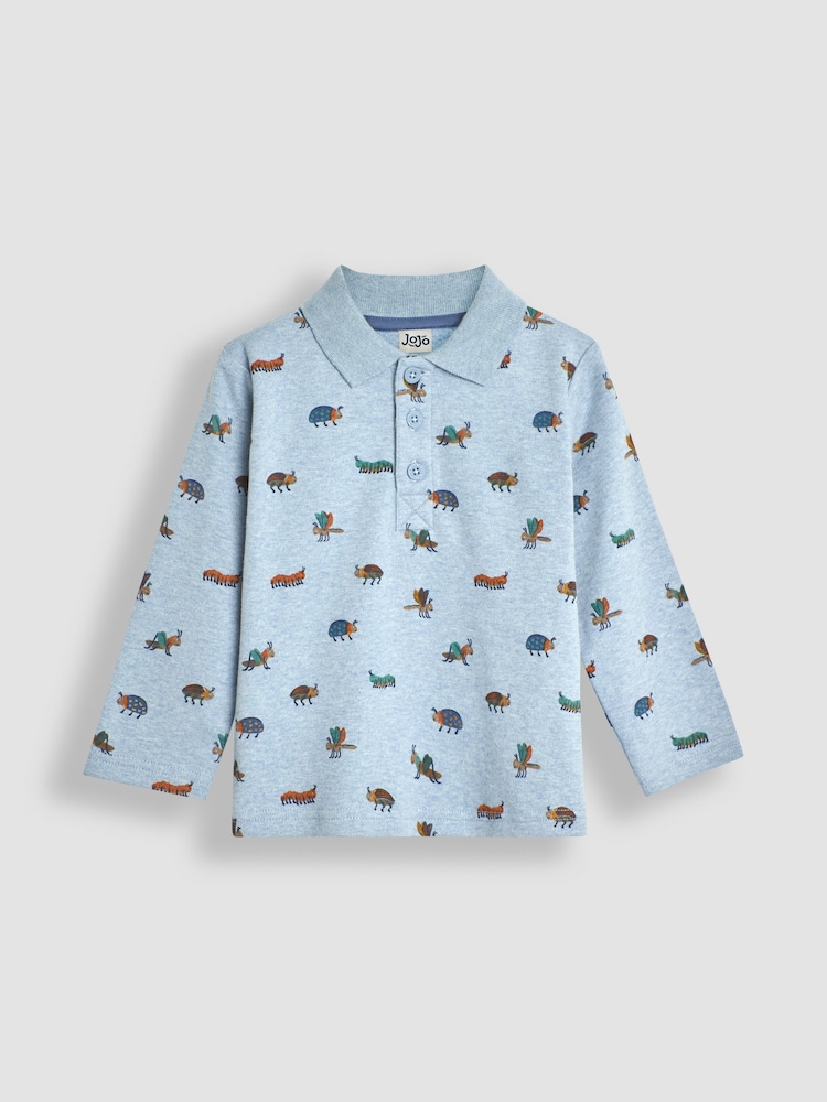 JoJo Maman Bébé Light Blue Bug Long Sleeve Print Polo Shirt - Image 1 of 3