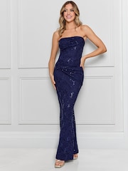 Sistaglam Blue Bardot Sequin Maxi Dress With Knot - Image 1 of 5
