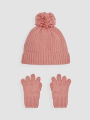 JoJo Maman Bébé Dusky Pink Rib Hat & Gloves Set - Image 1 of 4
