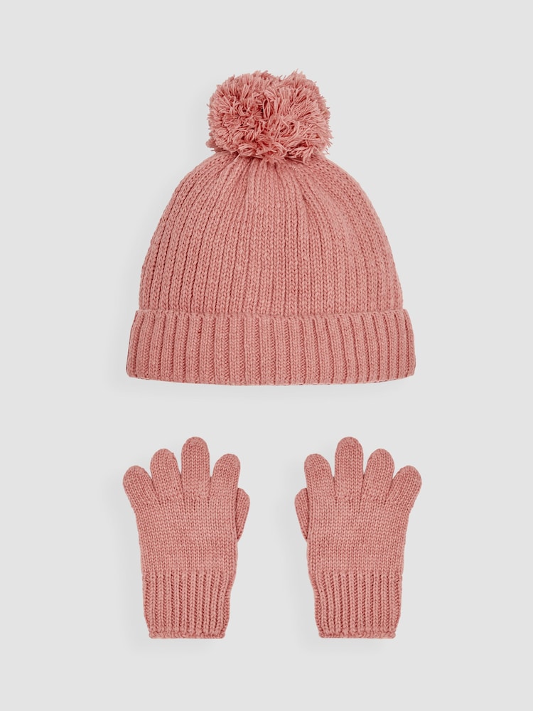 JoJo Maman Bébé Dusky Pink Rib Hat & Gloves Set - Image 1 of 4 JoJo Maman Bébé Dusky Pink Rib Hat & Gloves Set - Image 1 of 4