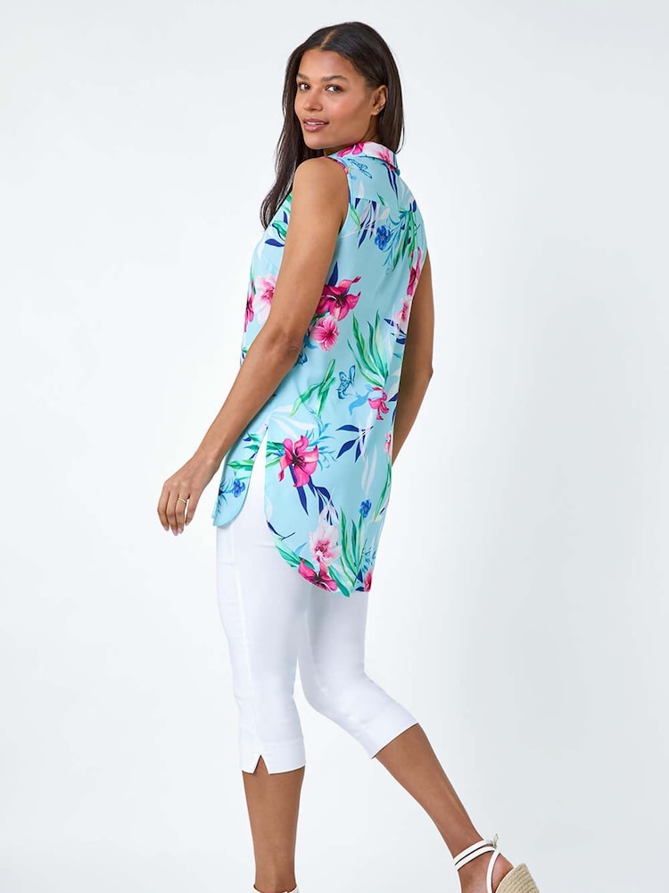 Roman Blue Tropical Floral Sleeveless Button Blouse - Image 1 of 5
