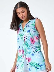Roman Blue Tropical Floral Sleeveless Button Blouse - Image 2 of 5