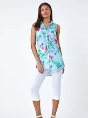 Roman Blue Tropical Floral Sleeveless Button Blouse - Image 3 of 5